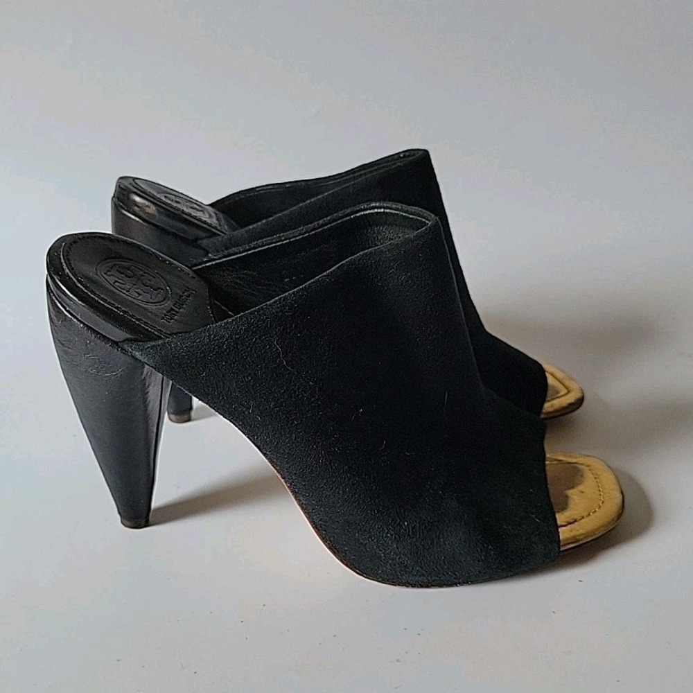 Tory Burch Ellis Open Toe Mules 7.5M Genuine Suede Chambray‎ Designer Preppy - Picture 9 of 14
